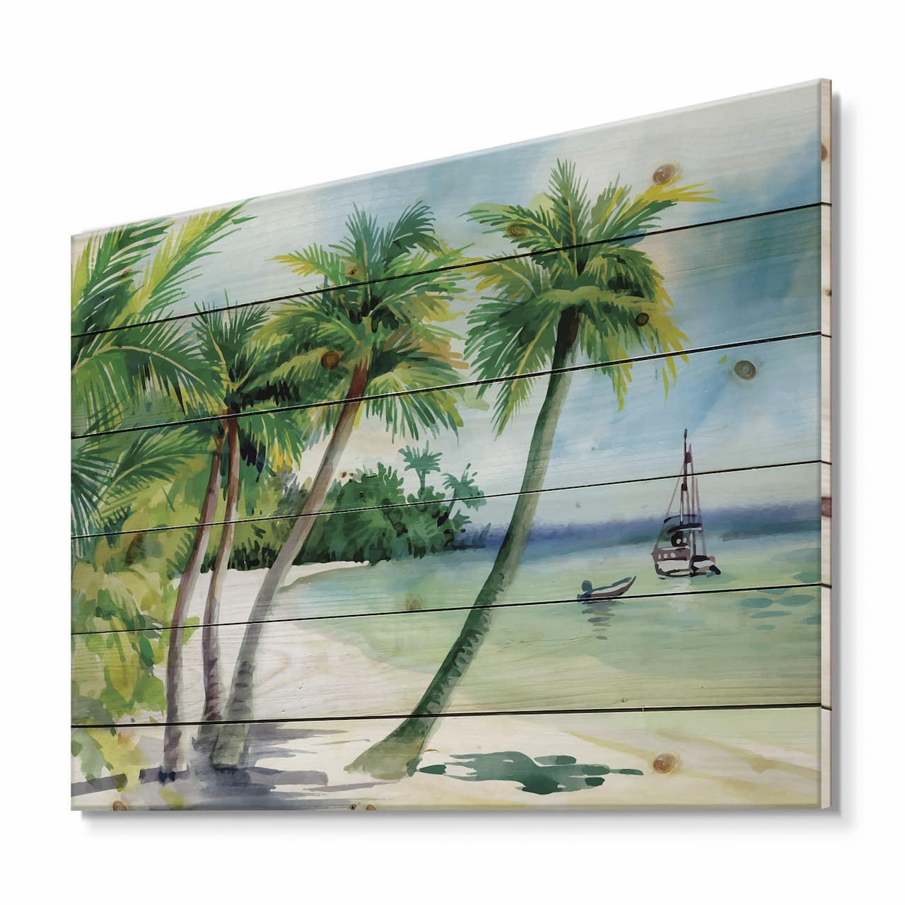 Designart - Summer Beach With Palm Trees - Nautical & Coastal Print on Natural Pine Wood